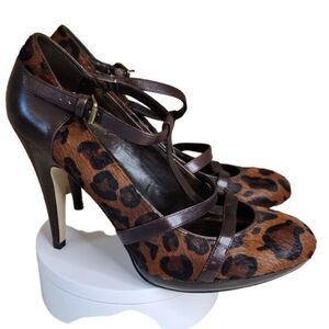 Nine West- Leopard Print Dyed Hair Guffaw T Strap Heels Pumps, Size 8